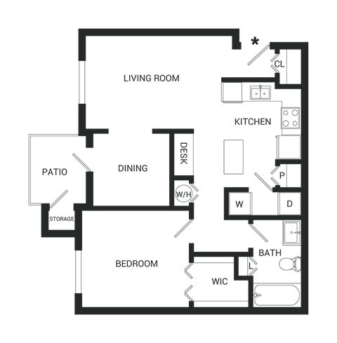 Floor plan for 1 bed, 1 bath, 912 sqft